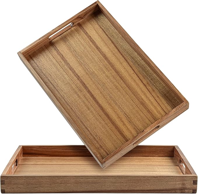 KITEISCAT 17-Inch Acacia Wood Serving Trays with Handles, Set of 2 – Decorative Wooden Trays for Coffee Table, Ottoman, Living Room, Breakfast & Appetizers – Sturdy & Elegant Serving Platters