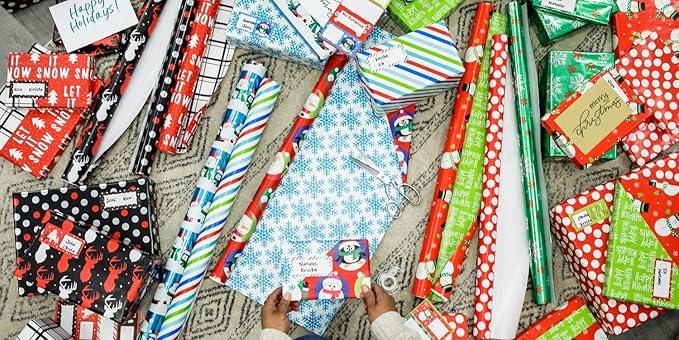 American Greetings Jumbo Kids Christmas Reversible Wrapping Paper Roll, Red and Blue Holiday Gift Wrap (175 sq. ft., 1 Extra Large Roll-30 in. x 70 ft.) Penguins, Polar Bears, Santa, Snowflakes