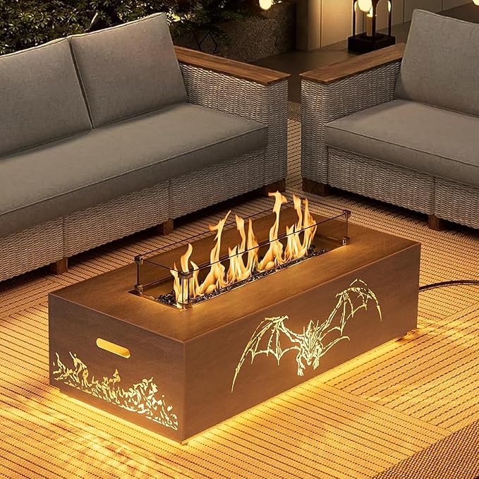 2-Piece 42" LED Rectangular Propane Fire Pit for Outside Patio with Hidden Tank Table, 50,000 BTU Fireplaces with Glass Wind Guard, Lid, Glass Rocks, Cover(Dragon w/Warm Light