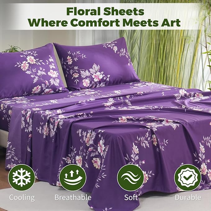 Bedlifes California King Floral 4-Piece Sheet Set - Cooling Sheets Blend Rayon Derived from Bamboo,Soft & Breathable, Deep Pocket 16", Wrinkle Resistant - Vibrant Boho Floral Dark Purple