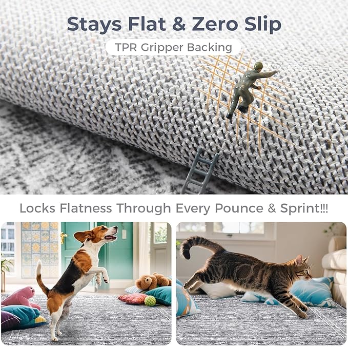 OPPODREAM Vintage Grey Round Rug 3ft, 3 ft Retro Washable Circle Rug Non Slip, Low-Pile Faux Wool Circular Carpet, Distressed Gray Floor Mat for Living Room, Bedroom, Office, Dorm, Dinning Room