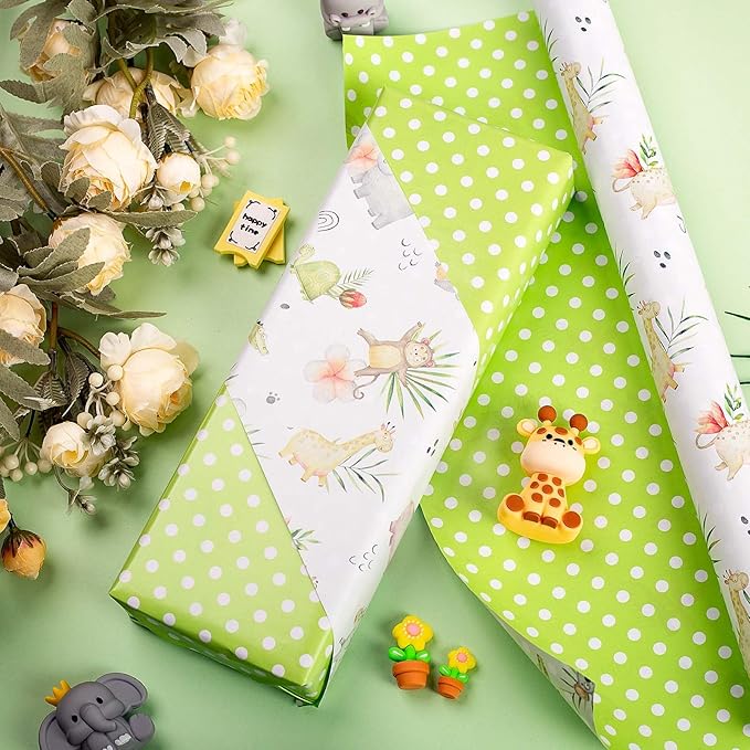 Burymento Animal Wrapping Paper, Reversible Dot Design Gift Wrap for Baby Shower, Birthday, Valentines, Mothers day, Graduation, Wedding, Fathers day, Christmas (17 Inch X 32.8 Feet)