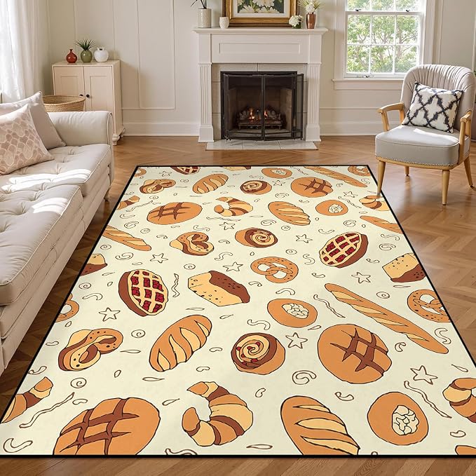 Cute Bread Area Rug 3D Cattoon Carpt Waffle Croissant and Muffin Rugs for Entryway Bedroom Living Room Kitchen Home Decor Washable Non Slip Floor Mat,3'x5'