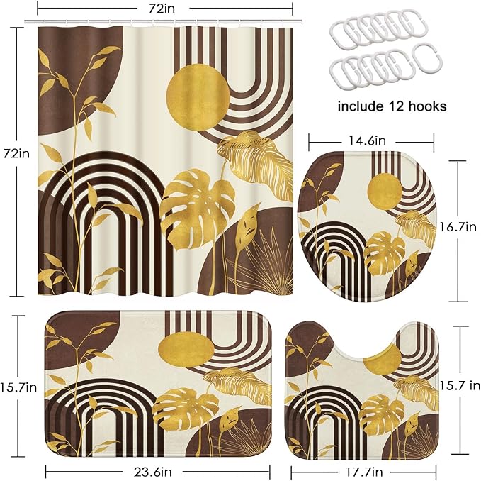 Boho Brown Shower Curtain Set with Toilet Lid Cover and Non-Slip Rugs, Gold Tropical Abstract Geometric 4 Pcs Modern Minimalist Vintage Shower Curtain for Bathroom Set with 12 Hooks