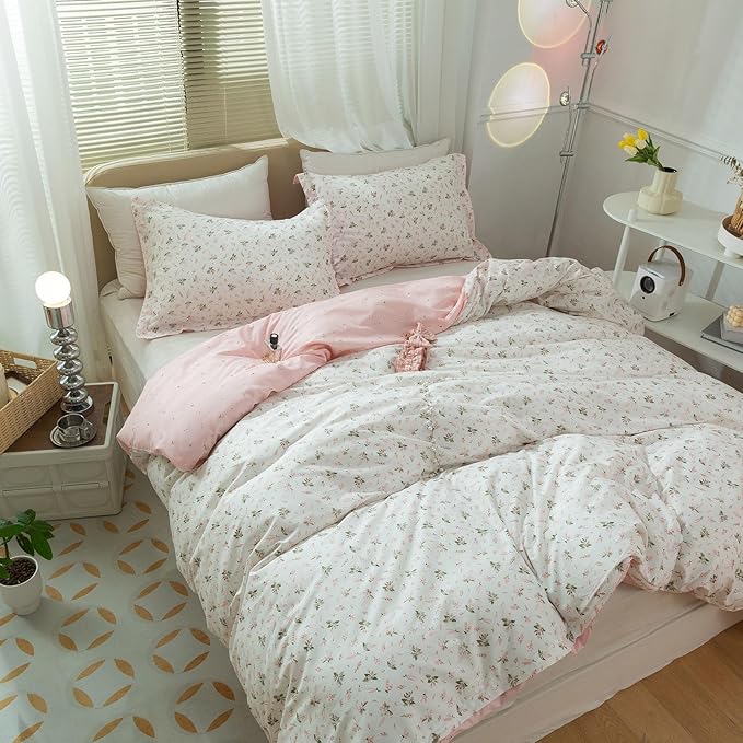 LifeTB Pink Floral Duvet Cover Queen Girls Cute Flower Pattern Duvet Cover 100% Cotton Vintage Country Bedding Cottagecore Comforter Cover with 2 Pillowcases Breathable Flower Bedding Set