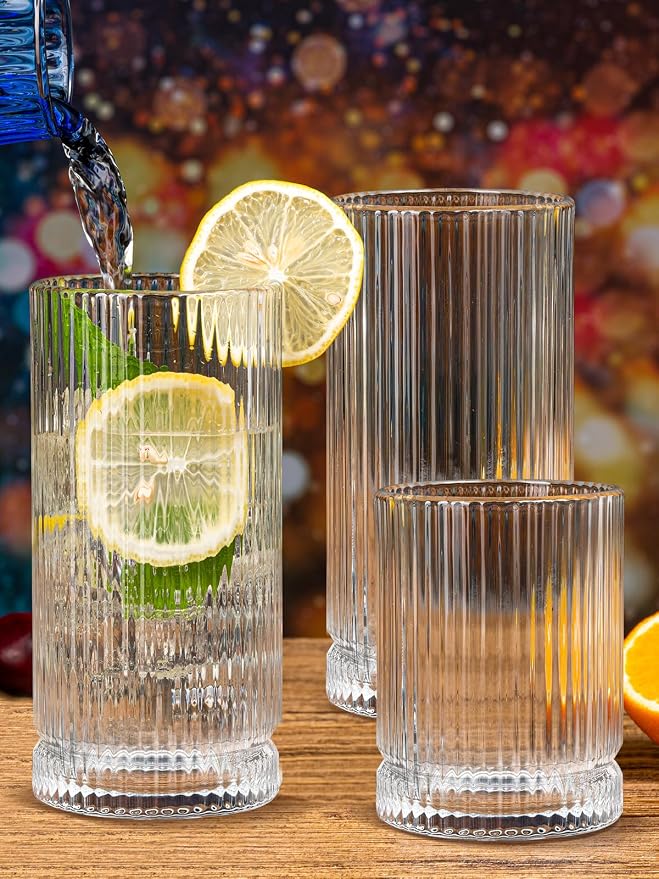 Ribbed Glassware Vintage Drinking Glasses 12Pcs - 6 Ribbed Tall Glasses 16Oz And 6 Ribbed Short Glasses 13Oz, Clear Glassware For Coffee, Cocktails, Smoothies, Juice, Beer, Water