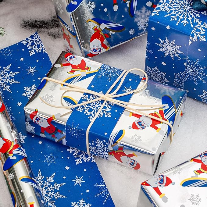 MAYPLUSS Reversible Christmas Wrapping Paper Roll - 17Inch X 33Feet - Funny Metallic Foil Athletic Santa Claus Skating Snow Pattern Winter Gift Wrap Paper for Christmas, Holiday, Party, Celebration