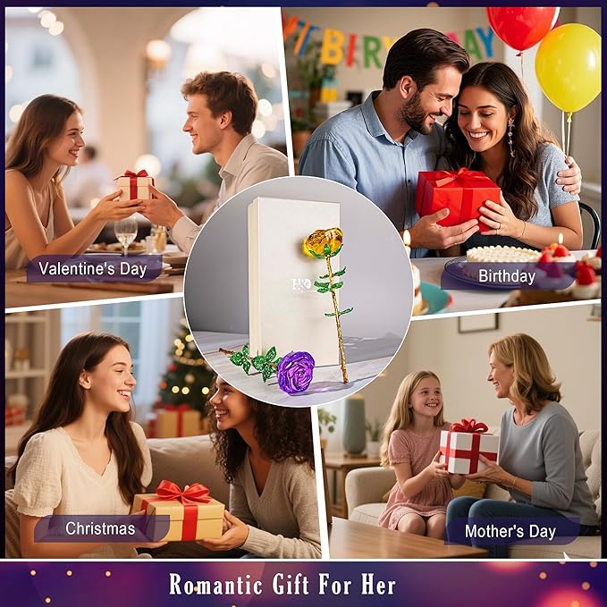 HDCRYSTALGIFTS 9.5'' Crystal Rose Flower Glass Purple and Yellow Flowers with Green Leaves for Wedding Anniversary/Wife, Romantic Forever Gifts for Her (Pack of 2)