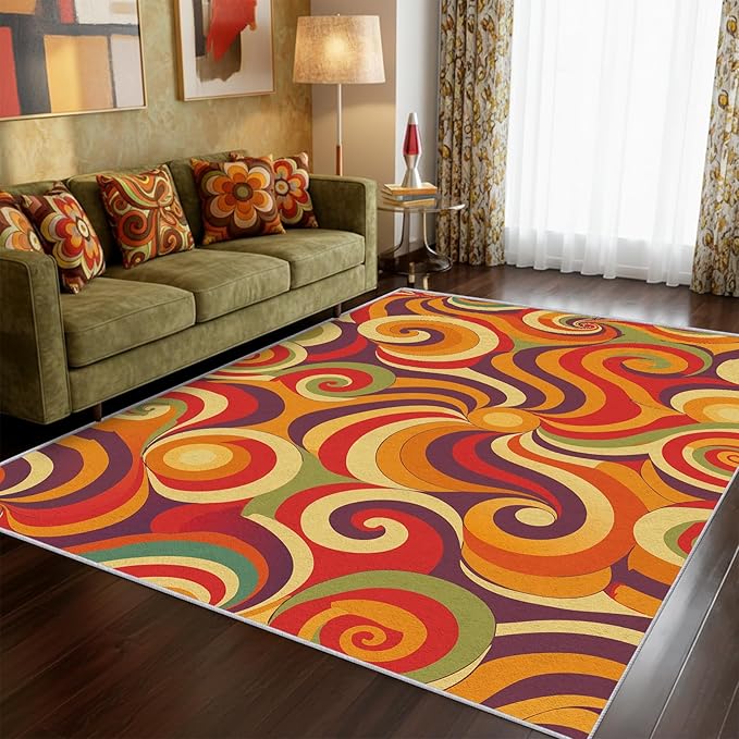 70s Retro Rug 3x5 Swirl Psychedelic Groovy Hippie Pop Pattern Area Rugs for Living Room, Bedroom, 70s Retro Home Decor Accessories Indoor Carpet, Non Slip & Machine Washable, GD0314