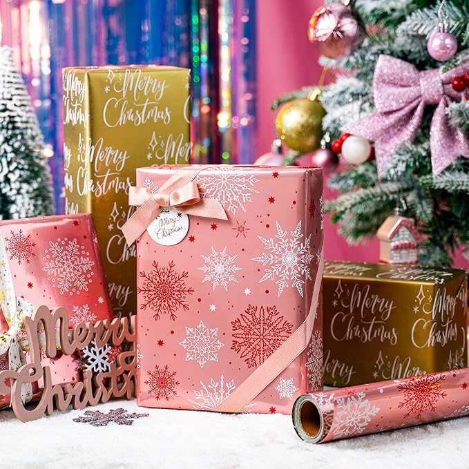 MAYPLUSS Pink Christmas Wrapping Paper Roll - 17IN X 33FT - Christmas Gift Wrapping Paper Featuring White Snowflake Reversible Gold for Kids, Holiday, New Year