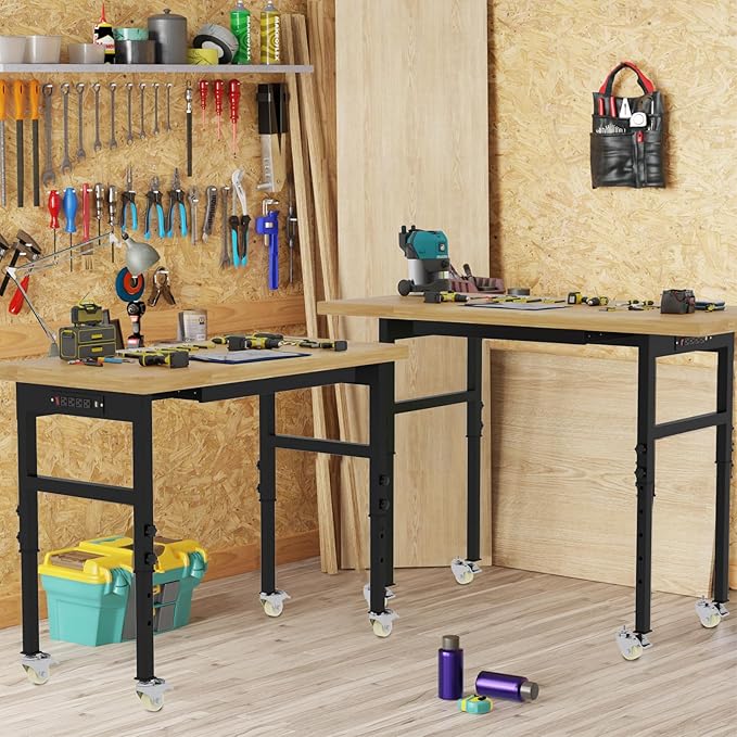 60" Adjustable Workbench with Wheels and Drawer, Rolling Work Bench Table with Power Outlet, Metal Tool Bench Work Bench for Garage, Large Load Capacity Garage Workbench for Workshop,Office,Home