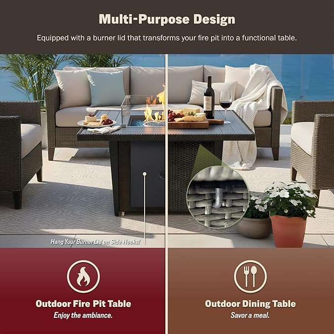 42'' Propane Fire Pit Table, 50,000 BTU Outdoor Gas Fire Table with Lid, Square Aluminum Fire Table with Wind Guard and Weather Cover, 2 in 1 Rattan Firepit Table for Outside Patio, Backyard, Gray