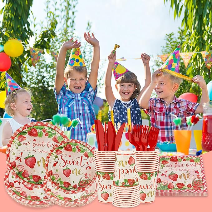 120 PCS 1st Birthday Decor, A Berry Sweet Girl is Turning One Disposable Tableware for Bday Thanksgiving Christmas, Strawberry Sweet One Birthday Tableware Set Plates Napkins Cups Knives Forks for 20