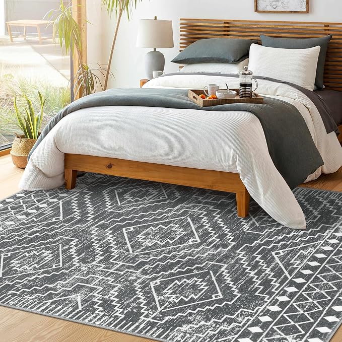 Wonnitar Moroccan 5x7 Washable Rug, Large Grey Area Rug for Living Room, Non-Slip Boho Bedroom Carpet Thin Soft Non-Shedding Farmhouse Rug for Dining Room Table Kitchen Home Office (Dark Grey,5'x7')
