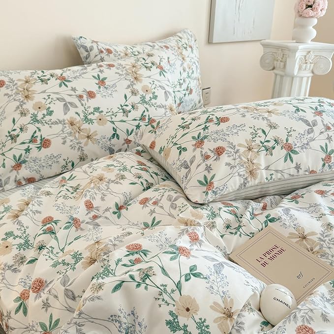 EAVD Fresh Garden Botanical Floral Duvet Cover King Soft 100% Cotton Chic Floral Leaves Print Bedding Set with 2 Pillowcases Aesthetic Botanical Comforter Cover with Zipper Closure