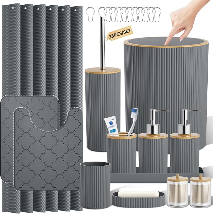 Gray Bathroom Accessories Set, 25 Pcs Bathroom Decor Set with Shower Curtain, Rugs, Trash Can, Soap Dispenser, Toothbrush Holder, Tumbler, Soap Dish, Storage Jars and Hooks for Guest Bath