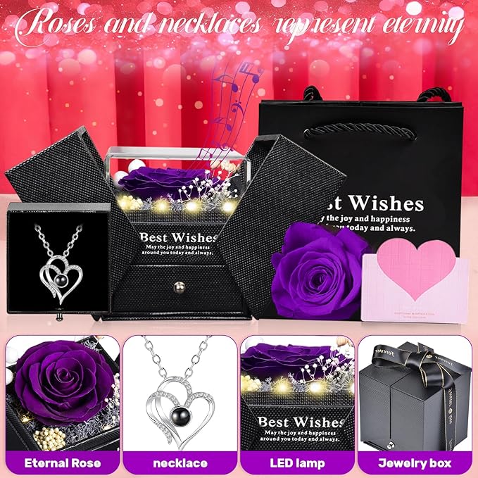 Christmas Birthday Gifts for Women - Preserved Real Rose with I Love You Heart 100-Language Necklace, LED Lights & Music Gift Box, Christmas for Women Girlfriend Mom