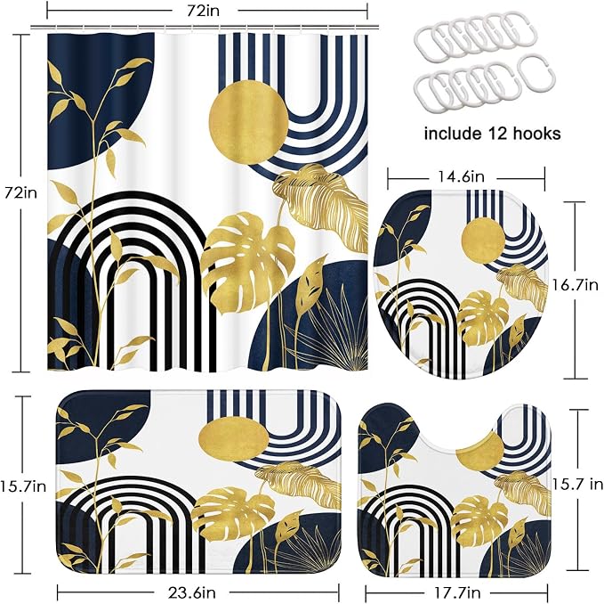 Boho Blue Shower Curtain Set with Toilet Lid Cover and Non-Slip Rugs, Abstract Botanical Navy Gold 4 Pcs Modern Minimalist Vintage Shower Curtain for Bathroom Set with 12 Hooks
