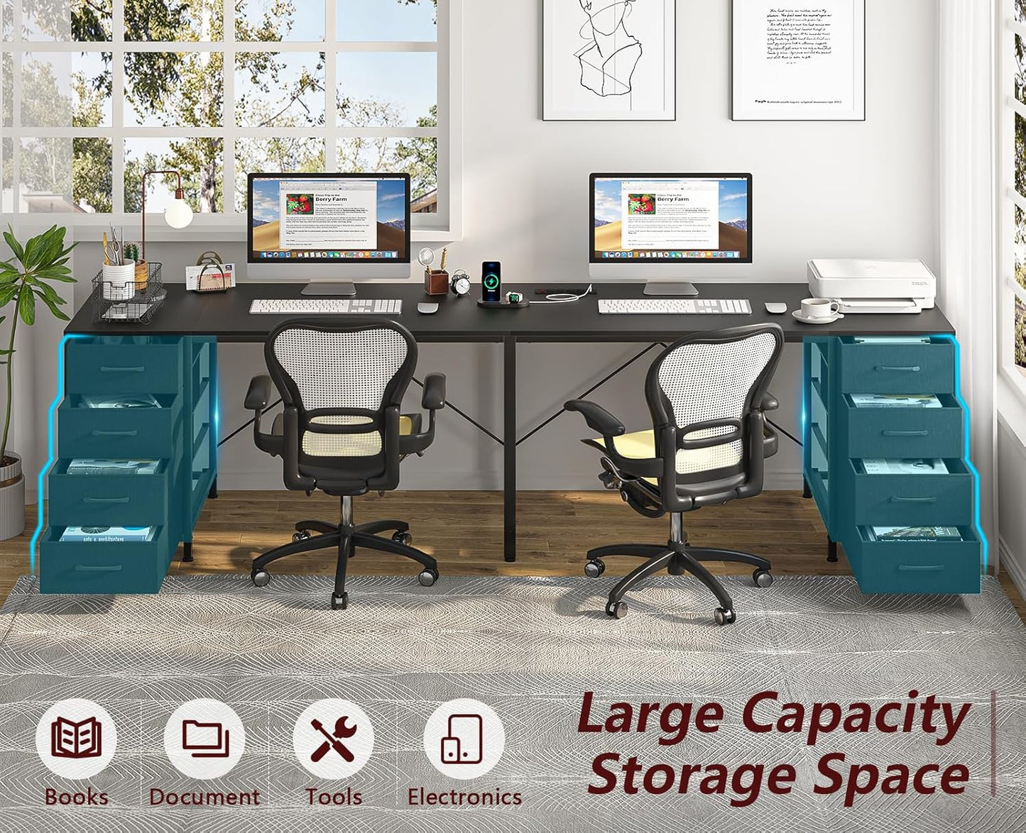 TVU 95 | Large 2-Person Writing Desk with 8 Drawers & Outlets - I-Shaped Home Office Workstation