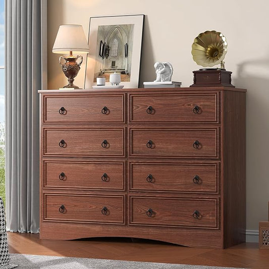 8 Drawer Dresser for Bedroom, Cherry Wood Chest of Drawers, Large Storage for Clothes, Vintage Design, for Living Room, Bedroom, Hallway 47.24W*15.75D* 41.2''H
