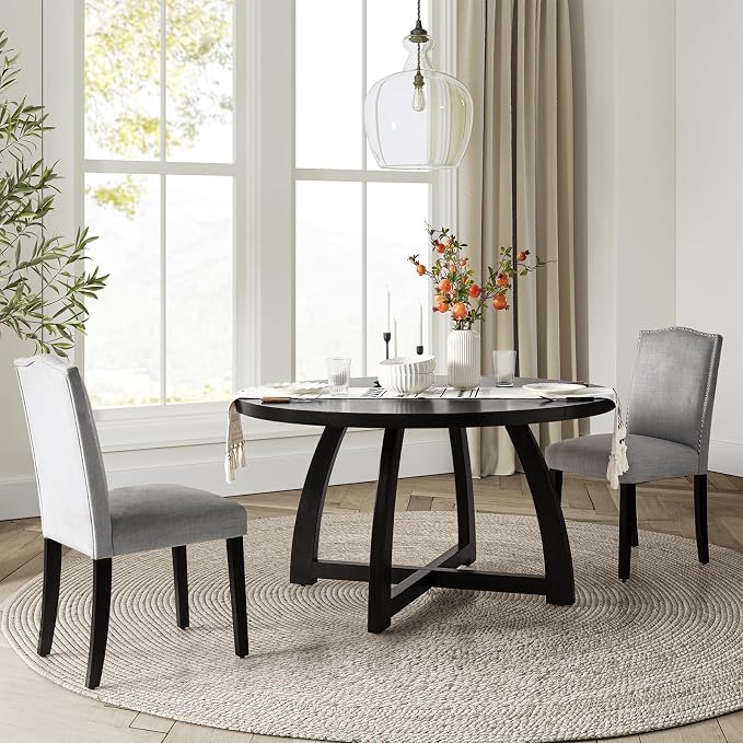 HULALA HOME 54 inch Round Dining Table for 6 People，Mid-Century Modern Solid Wood Circle Dinner Tables for Small Spaces Dining Room Living Room Kitchen, Black
