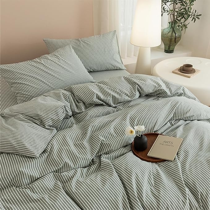 JIYUAN 100% Washed Cotton Striped Duvet Cover Set 3 Pieces Queen, 1 Duvet Cover and 2 Pillowcases(Comforter Not Included),Linen Like Bedding Set Comfy and Breathable,Pinstripes-Heathered Green White