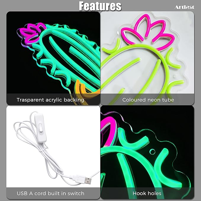 Cactus Neon Sign Potted Neon Light Cactus With a Flower LED Light Sign Plant Sign Houseplant Decoration Neon Aesthetic Decor for Bedroom Flower Store Birthday Holiday