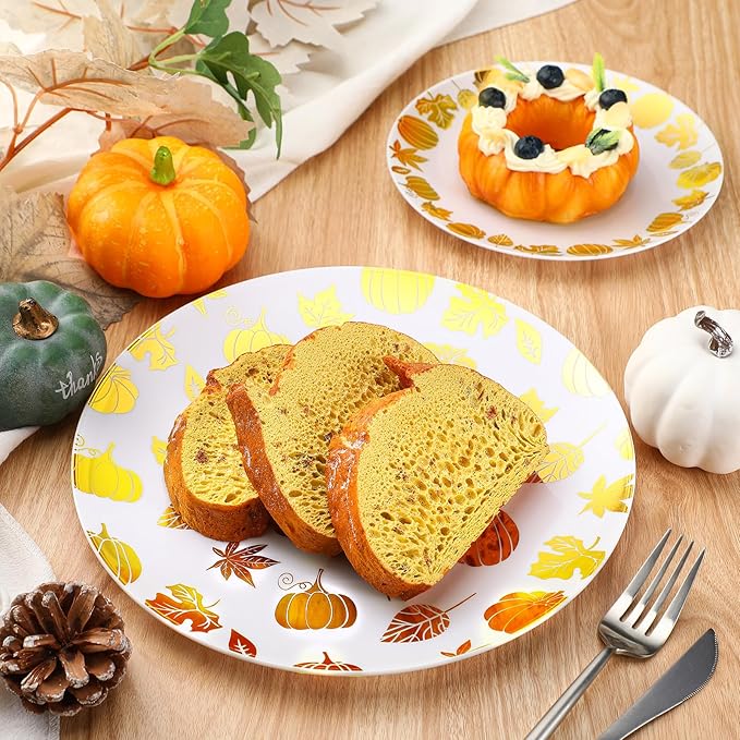 Suclain 60 Pcs Thanksgiving Party Disposable Plastic Plates Gold Fall Bridal Baby Shower Party Decoration Serves as 30 10.25'' Dinner Plates 7.5'' Dessert Plate for Thanksgiving Wedding Engagement