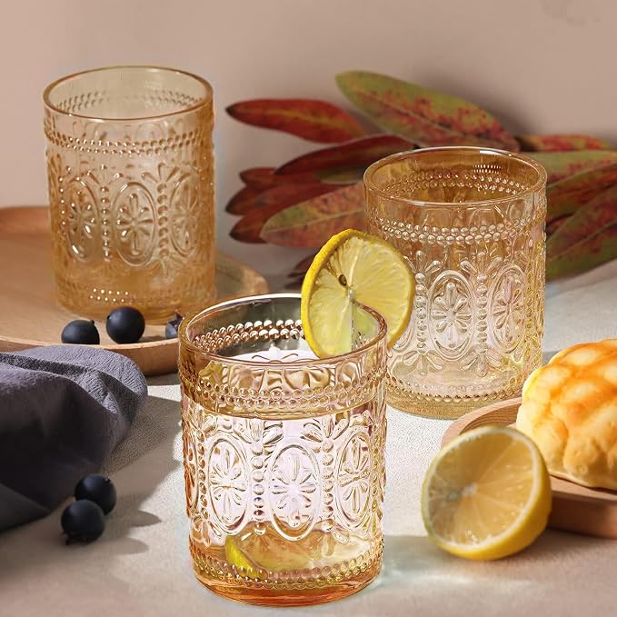 Darlion 6 Pack Amber Glassware Set, 10oz Vintage Drinking Glasses, Colored Water Glasses, Amber Embossed Glass Cups for Party Wedding Home Office Gift
