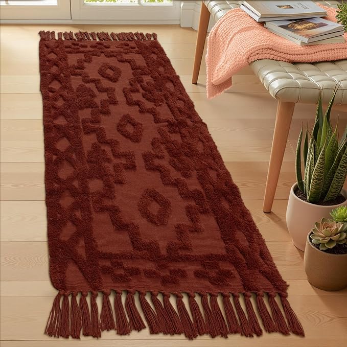 Uphome Boho Runners for Hallways 2' x 6', Washable Farmhouse Entryway Runner Rug, Cotton Tufted Bedroom Runner Rugs, Bohemian Tribal Throw Aesthetic Rug for Kitchen Doorway Living Room, Terracotta