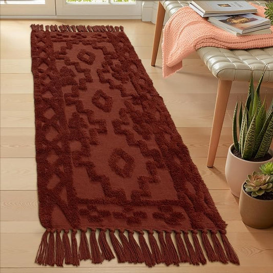 Uphome Boho Runners for Hallways 2' x 6', Washable Farmhouse Entryway Runner Rug, Cotton Tufted Bedroom Runner Rugs, Bohemian Tribal Throw Aesthetic Rug for Kitchen Doorway Living Room, Terracotta