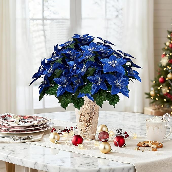 8 Pack 5 Heads Christmas Artificial Poinsettia Flowers Faux Poinsettia Bush Bouquets Silk Poinsettia Christmas Tree Ornaments Poinsettia Flower Arrangement for Home Decor