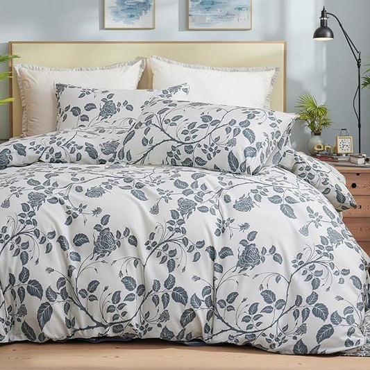 Bedding_Dreamer Comforter Set King Size Botanical Leaf Comforters 100% Cotton Comforter Blue Floral Bedding Sets Soft Breathable 3 Pcs