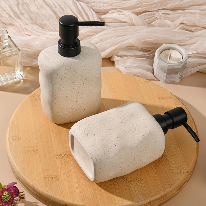 Modern Ceramic Soap Dispenser, Beige Speckled Finish, Black Pump Top, Refillable Liquid Container for Bathroom Kitchen (Beige, 2 Pack)