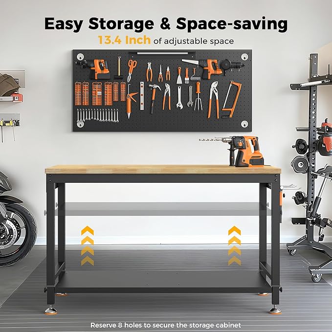48" Heavy Duty Work Bench Adjustable Height Max Load 2000 LBS with Storage Shelf for Garage Workbench, Rubberwood Tabletop with Pegboard, LED Light, Built-in Power Strip for Woodworking Shop