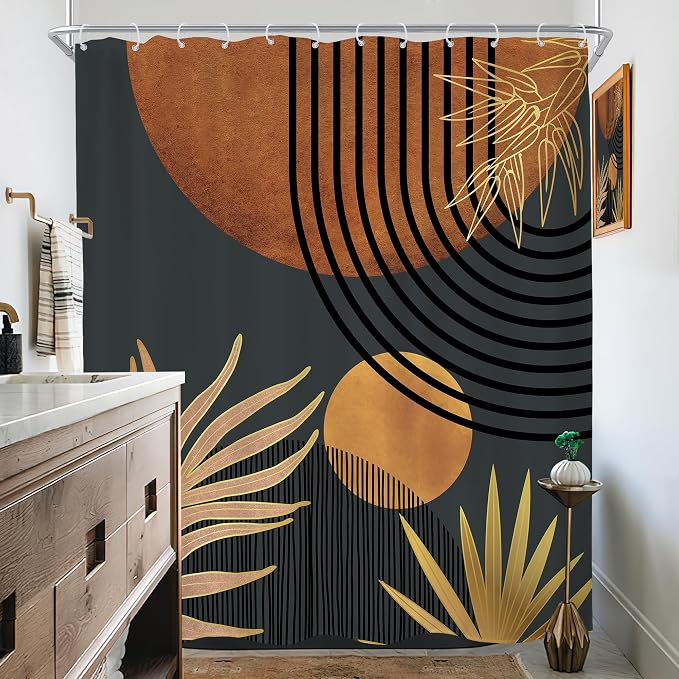 KOMLLEX Mid Century Brown Black Boho Shower Curtain for Bathroom Decor 72Wx78H Inches Abstract Modern Plant Botanical Minimalist Arch Sun Neutral Fabric Waterproof Polyester 12 Pack Hooks Pack Hooks