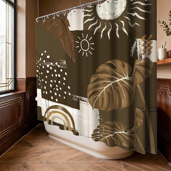 Dark Brown Mid Century Modern Shower Curtain Boho Abstract Khaki Earth Tone Shower Curtains for Bathroom Decor Sets, Waterproof Cloth Fabric with Hooks, 108 x 72 Inch