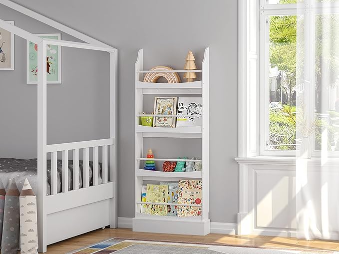 UTEX Kids Bookshelf,4 Tiers Children's Bookcases and Storage, Kids Bookcase Rack Wall for Bedroom,Study Living Room,White