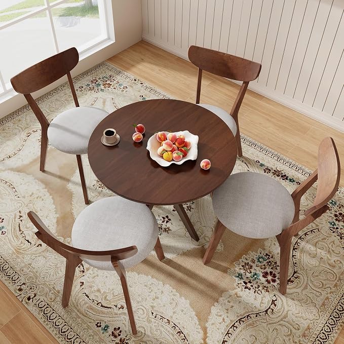 ERGOMASTER 5-Piece Dining Table Set for 4, 36" Kitchen Round Table with 4 Chairs, Rubber Wood Legs, Brown