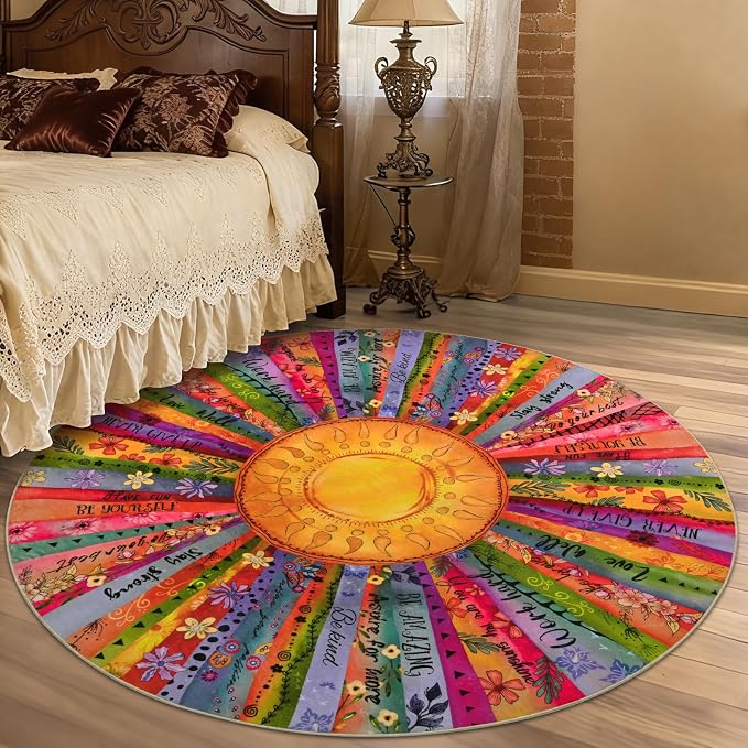 Likiyol Sun Round Rug 6Ft Non Slip Washable Round Area Rug for Living Room, Soft Faux Wool Inspirational Bedroom Rugs Colorful Rugs Low Profile for Dining Room, Kids Room Home Office Decor