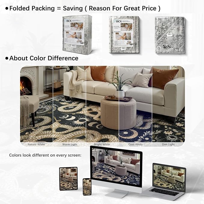 DCX Washable 5x7 Snake Rug, Black Gothic Rug for Living Room, Soft Low Pile Carpet, Kid & Pet Friendly with Rubber Back Non Slip, Stain Resistant Rug for Bedroom Dining Room Office