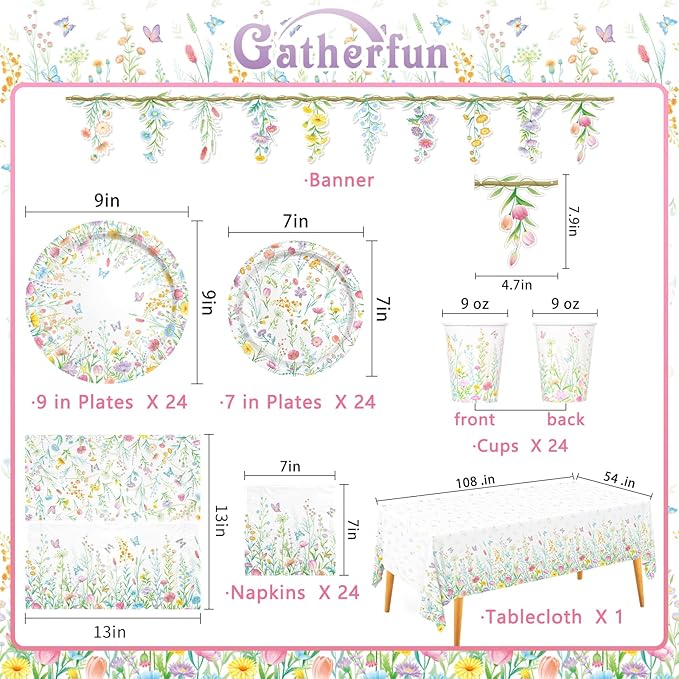 Wildflower Party Decorations Set for 16 - Flower Birthday Decorations with Dinner & Dessert Plates and Napkins for Wildflower Baby Shower Decorations