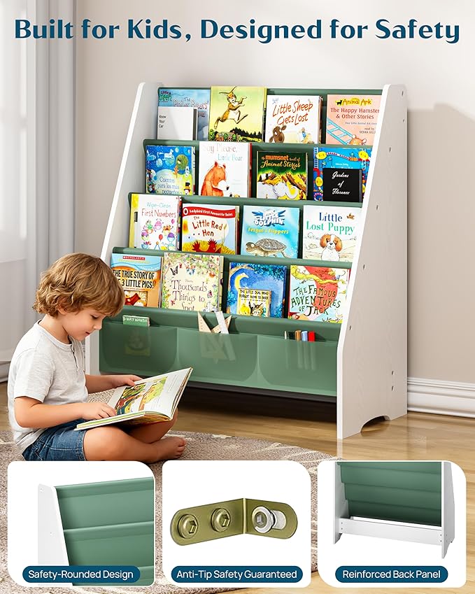 SEIRIONE Sturdy Kids Bookshelf,4-Tier Book Shelf for Kids Room with Tear-Proof Oxford Fabric-Nursery Room Playroom Classroom,Deep Slings to Keep Books Upright,Ideal Height for Toddler Age 3+, Green