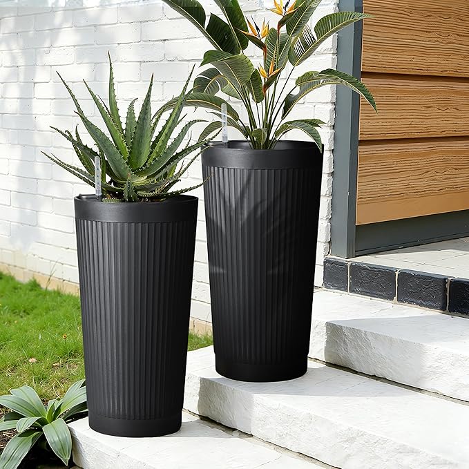 Set of 2 Tall Self-Watering Planters, 24" Large Planters with Water Level Indicator for Indoor & Outdoor Plants, Modern Planters for Garden, Patio, Balcony, Porch, Black