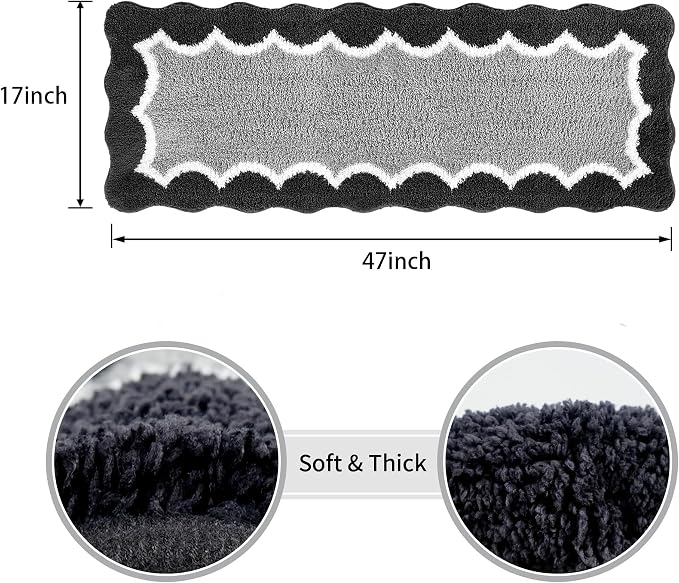 Scalloped Black Bathroom Rugs Mat,Non Slip Absorbent Quick Dry Bath Mats for Shower Room,Plush Microfiber Bath Rug for Bathroom Floor Washable Carpet for Shower Tub Sink Bedroom,17"x47"