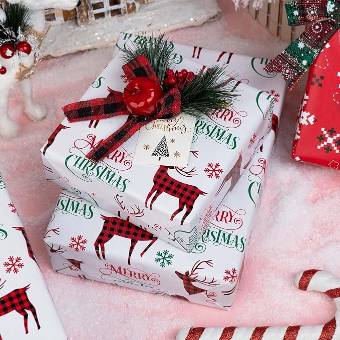 MAYPLUSS Christmas Wrapping Paper Roll - 17IN X 33FT - Gift Wrapping Paper Featuring Merry Christmas Reindeer Reversible Snowflake for Kids, Holiday, New Year