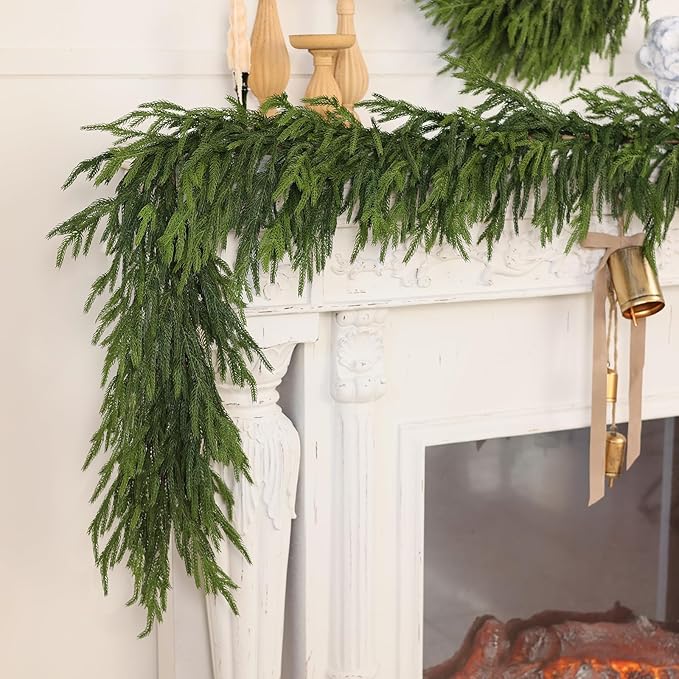 5FT Real Touch Norfolk Pine Garland - Artificial Christmas Garland Fake Green Faux Pine Needles Garland for Table Fireplace Mantle Holiday Home Indoor Outdoor Decor (2PCS)