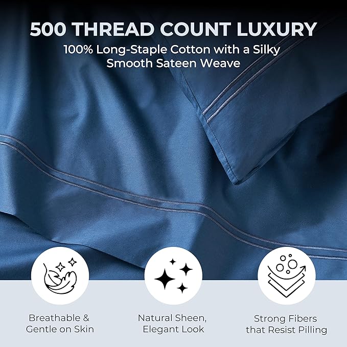 100% Natural Cotton Sheets Queen Size Bed Set | 500 TC Single-Ply Sateen Weave | Soft, Breathable, Hypoallergenic Solid 4-Piece Bedding with Deep Pocket Fitted, Flat, Pillowcase |Navy Blue