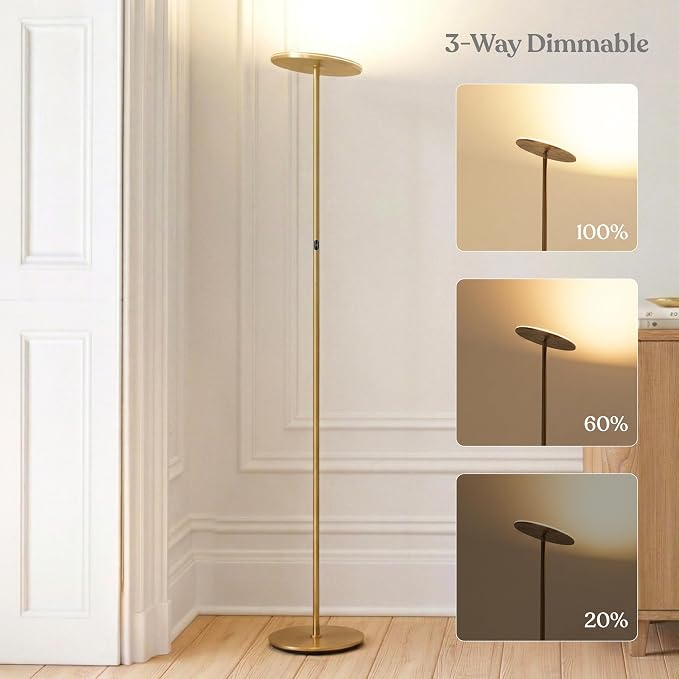 Brightech Sky LED Floor lamp, Torchiere Super Bright Floor Lamp for Living Room Decor & Office - Dimmable, Tall Standing Torch Lamp with Warm Light for Bedroom & Reading - Gold Brass