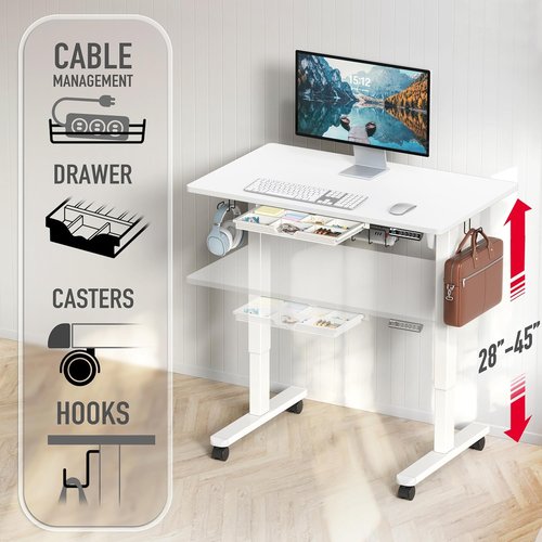 SHW Mobile Electric Height Adjustable Sit to Stand Desk - 40-Inch, White with Drawer & Cable Management